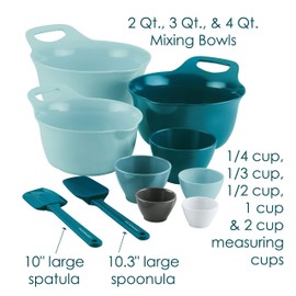 Rachael Ray Tools and Gadgets Mix and Measure Cooking / Baking Prep Set with Mixing Bowls, Measuring Cups, and Tools - 10 Piece, Light Blue and Teal