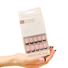 SHANRUN Press on Nails Short Square Pink Fake Nails Press ons French Nail Tip Full Cover False Nails with Black French Design Glue on Nails Kit Acrylic Set for Women Reusable | 15 Sizes - 30 Pcs