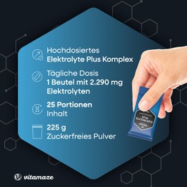 Electrolyte Powder High Dose 2290 mg - 25 Sachets with Magnesium, Potassium, Calcium + 8 B Vitamins for Electrolyte Balance, Natural Lemon Flavour, Vegan, for Sports & Keto Nutrition