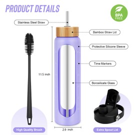 FULBEVY 25 oz Glass Water Bottles - Motivational Tumbler Water Bottle Time Marker - Borosilicate Glass Water Bottle With Silicone Sleeve and 2 Lids, Handle Spout & Bamboo Straw Lid (Purple)
