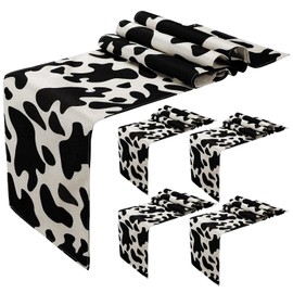 Kingdder 4 Pcs Linen Cow Print Table Runner Farm Black and White Cowhide Tablecloth Cow Print Table Cloths for Parties Kitchen Western Barnyard Cowboy Birthday Home Table Decorations (13 x 72 in)