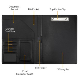 MoKo Portfolio Padfolio Folder, PU Leather Resume Conference Legal Document Organizer with A4 Size Clipboard, Business Card Holders, Document Sleeve, Pen Holder for Interview & Business - Black