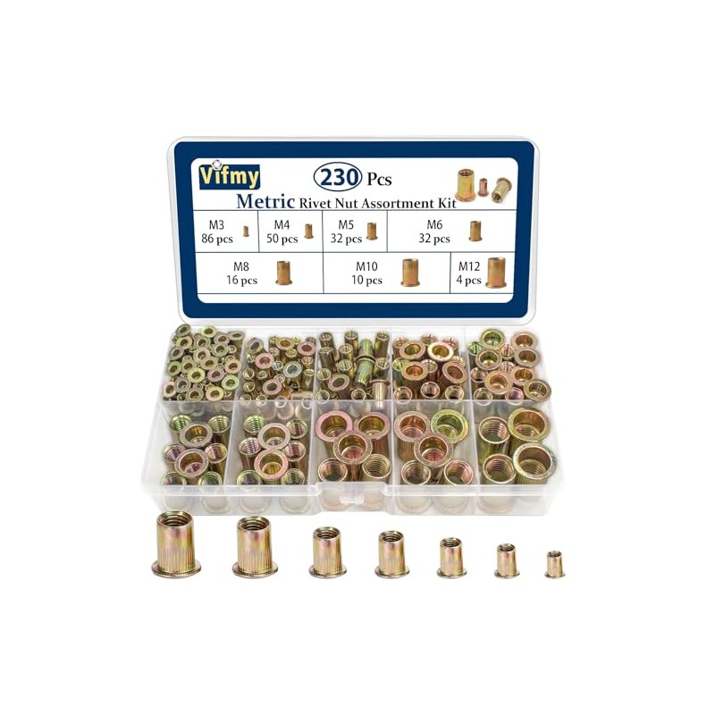 Kit de 230 tuercas de remache métricas, M3-M12, chapado en