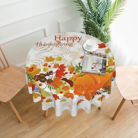 Sweetshow Fall Round Tablecloth 60 Inch Thanksgiving Tablecloth Waterproof Polyester Washable Table Cover with Autumn Leaf and Pumpkin Pattern Table Cloth for Kitchen Dining Room Picnic Patio Party