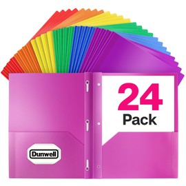 Dunwell Plastic 2 Pocket Folders with 3 Prongs, (24 Pack, Assorted Colors), Bulk 3-Clasp Folders with Fasteners, Tear-Resistant, Long Lasting Acid-Free Poly, Includes Labels