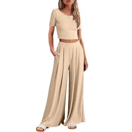 Ekouaer Women's 2 Piece Lounge Sets Short Sleeve Pajama Set Ribbed Knit Crop Top Wide Leg Pants Loungewear,Khaki,L