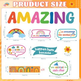 Konsait 74 PCS Classroom Bulletin Board Sets, Amazing Things Happen Here Bulletin Board, Boho Rainbow Welcome Back to School Positive Motivational Cutouts for School Classroom Wall Decor