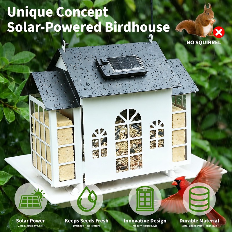 Solar Bird Feeder House for Outdoors, Metal Large Capacity 3-Compartment