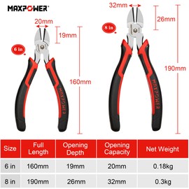 MAXPOWER Diagonal Cutting Pliers, 6-inch & 8-inch Side Cutting Pliers for Cutting Electrical Wire, Cable Ties, DIY Craft, Non-slip and Soft Grip Handle - 2 Pack