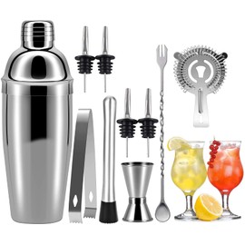 Cocktail Shaker Set, 750 ml Cocktail Shaker Stainless Steel Professional Cocktail Mixer Bar Cocktail Set Kit 10-Piece Stainless Steel Shaker Bar Accessories Barware Set for Home or Bar