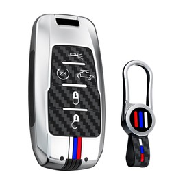 ontto 5 Buttons Key Case Fit for Dodge Ram 1500 2500 3500 4500 5500 2019 2020 2023 2024 2025 Car Accessories,Carbon Texture Key Bag with Keychain ,Silver