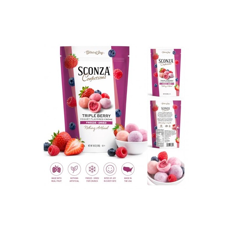 Sconza Triple Berry Freeze-Dried Berries Covered in Yogurt Flavored Crème,