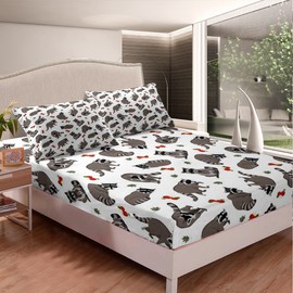 Feelyou Cute Raccoons Bedding Fitted Sheet Cartoon Raccoon Bed Sheet Set for Kids Boys Girls Lovely Fruits Leaves Decor Bedding Sheets Grey Animal Bed Cover with 1 Pillowcase 2Pcs Bedding Twin