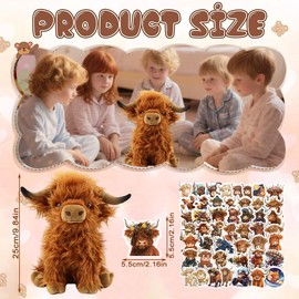 Highland Cow Cuddly Toy, Highland Cow Plush Toy, Highland Cows Sticker Set, 25 cm Cuddly Toy Highland Cow, Highland Cow Soft Dolls, Brown for Adults Children