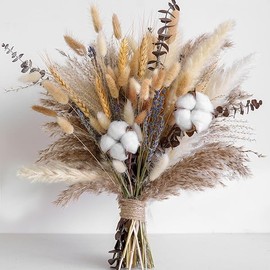 Natural Dried Flower Bouquet - Pampas Grass, Cotton Stems, Bunny Tails, Eucalyptus, Lavender & Wheat - Rustic Boho Decor for Home, Wedding, or Gift