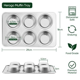 Herogo Muffin Tin, 6 Cup Stainless Steel Muffin Tray Set of 2, Metal Muffin Baking Tray for Cupcakes, Yorkshire Pudding, Pie, 2 Pack Muffin Tin Mould for Dishwasher Safe/Oven Safe/Non-Toxic