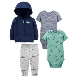 Simple Joys by Carter's Baby Boys' 4-Piece Jacket, Pant, and Bodysuit Set, Dark Blue/Green/Grey Dinosaur/Navy Stripe, 0-3 Months