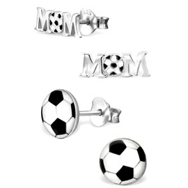 925 Sterling Silver Set of 2 Pairs Soccer Mom Stud Earrings (Nickel Free) 20509