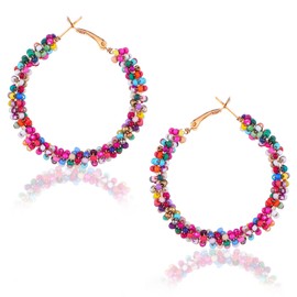 Yuanchu Bohemian Colourful Pearl Earrings, Women's Fashionable Pearl Earrings Hoop Pendant Earring Resin Round Ear Hook for Girls Can Be Going with Various Party Dresses and Casual Wear, Plastic