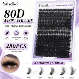Yaiseiko 280Pcs 80D Wispy Lash Clusters 8-18MM Plant Fiber Individual Lashes D Curly Eyelash Extensions DIY Cluster Lashes