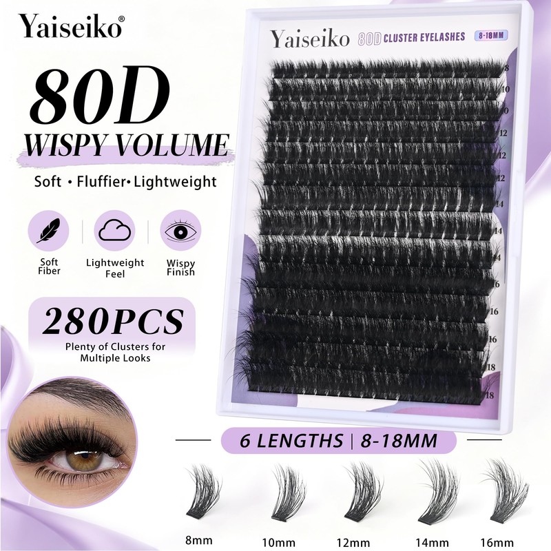 Yaiseiko 280Pcs 80D Wispy Lash Clusters 8-18MM Plant Fiber Individual