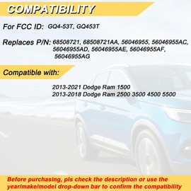Vurkcy Key Fob Replacement for 2013-2021 Dodge Ram 1500/13-18 Ram 2500 3500 4500 5500 Car Keyless Entry Remote Control,GQ4-53T,4 Buttons,2Pcs
