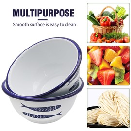 Set of 4 Enamelware Vintage Classic 20 oz Round Cereal Bowl, Cereal Bowl with Fish Pattern on The Surface, Solid White/Blue Rim