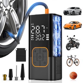 Tyre Inflator Air Compressor, Cordless Electric Bike Pump & Car Tyre Pump with Digital Pressure Gauge 150 PSI, Dual Values Display, LED Light, Portable Tyre Inflator for Car/Bicycle/Motocycle/Ball