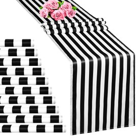 Paquete de 10 caminos de mesa a rayas de poliéster, decoración de mesa clásica a rayas blancas y negras para interiores y exteriores, bodas, fiestas de cumpleaños, banquetes, ajuste rectangular y mesa redonda (12 x 108 pulgadas)
