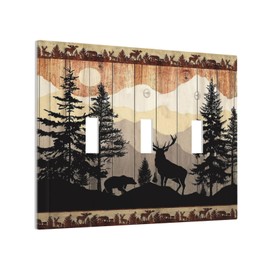 Jungle Forest Woodland Bear Deer Elk 3 Gang Jumbo Size Light Switch Plate Decorative Triple Toggle Wall Plate Cover Electrical Faceplate Switch Face Plate