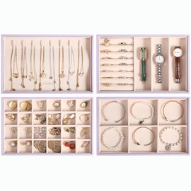 LANDICI Stackable Jewelry Organizer Trays 4 Set,PU Leather Jewelry Organizer Drawer,Jewelry Storage Display Tray for Earring Necklace Rings Bracelet with Removable Dividers,Lavender