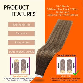 Full Shine Balayage Tape in Hair Extensions Human Hair 14Inch Tape in Extensions 2/3/27 Brown To Caramel Blonde Ombre Seamless Skin Weft Tape ins Human Hair Extensions Straight Hair 50G 20Pcs