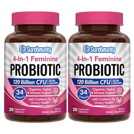 Surebounty Probiotics for Women, 120 Billion CFU 34 Strains, Prebiotics, Digestive Enzymes, Cranberry, 4-in-1 Feminine Probiotic, Digestive, Vaginal, Immune Support, 60ct (Pack of 2)