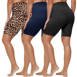 HLTPRO Paquete de 3 pantalones cortos de motociclista para mujer (tamaño regular y grande), pantalones cortos suaves de cintura alta de 8 pulgadas para mujer, para entrenamiento, yoga, correr, Negro/Azul/Leopardo, S-M
