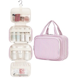 Narwey Striped Hanging Toiletry Bag for Women Travel Makeup Bag Organizer Toiletries Bag for Travel Size Essentials Accessories Cosmetics (Dusty Pink Stripe (Medium))