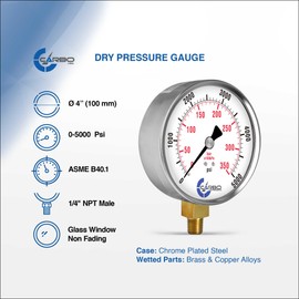CARBO Instruments 5000 PSI Dry Pressure Gauge, 4" Dial, 1/4 NPT Lower Mount, Chrome Plated Steel Case, Brass Wetted Parts, Dual Scale PSI/Bar - ASME B40.1 Grade A