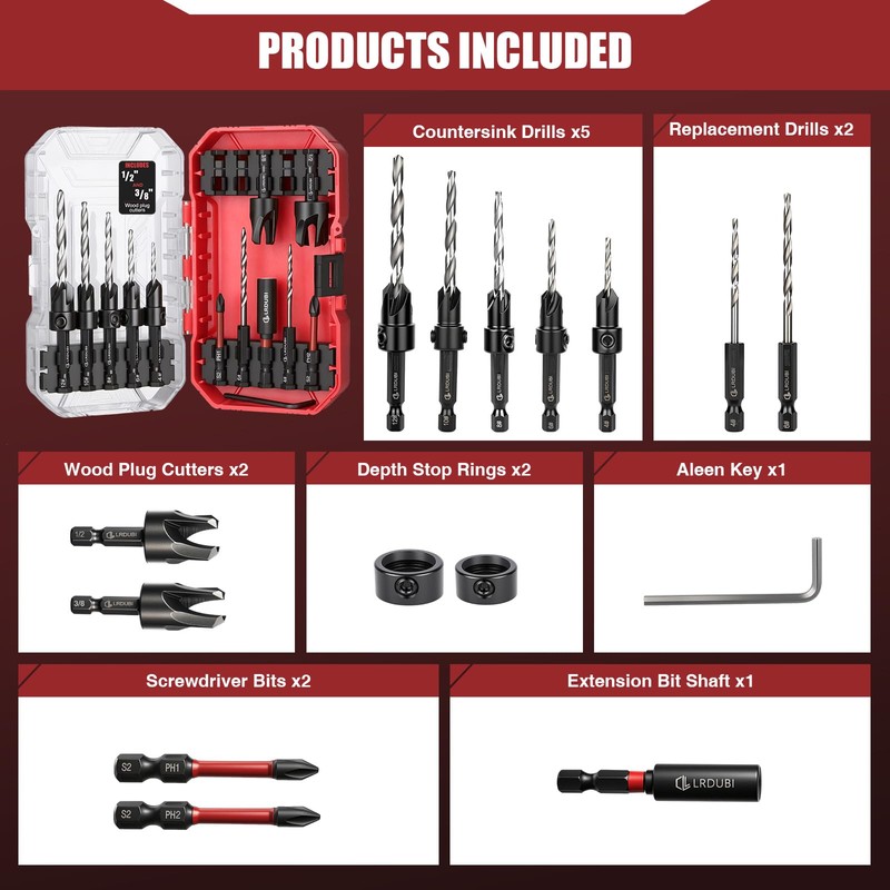 15PCS Countersink Drill Bit Set, Adjustable Tapered Counter Sink Drill