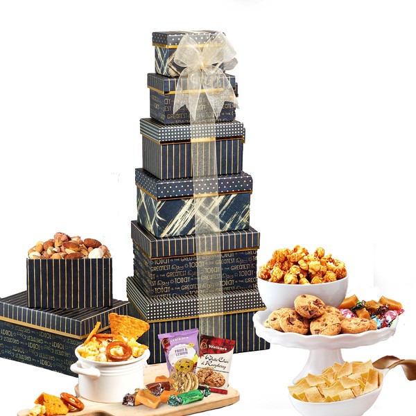 Broadway Basketeers Gourmet Food Gift Basket 6 Box Tower for Birthdays – Curated Snack Box, Sweet and Savory Treats for Parties, Best Wishes, Birthday Presents for Women, Men, Mom, Dad, Her, Him, Families