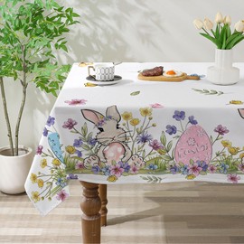 cusugbaso Easter Tablecloth 60x84 Inch Rectangle, Easter Table Decor, Spring Table Cloth Rectangle for Party, Table Floral Rabbit and Eggs Easter Decorations for Home