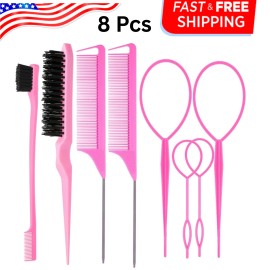 Hair Tools 8Pcs Hair Brushes Set with 4Pcs Topsy Hair Tail Tools 1Pcs Bristle Teasing Hair
