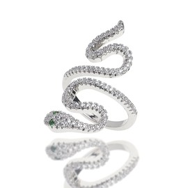 Jean Beau Silver Snake Heart Open Adjustable Rhinestone Rings for Women Vintage Black Wrap Draco Punk Animal sterling silver gothic Statement Stacking Green Eye Serpent Finger Ring Costume Jewelry