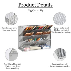 Marbrasse Mesh Desk Organizer, Multi-Functional Pen Holder, Pen Organizer for desk, Desktop Stationary Organizer, Storage Rack for School Home Office Art Supplies (Mesh Pen Holder-Silver)