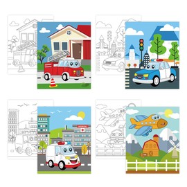 RIJEFUL 4 Pcs Car Theme Pre Drawn Canvas for Painting for Kids Boys Girls，8" x 10" Pre Printed Cute Canvas for Kids, Canvas Panels Paint Art Set for Painting Party Favor Activities