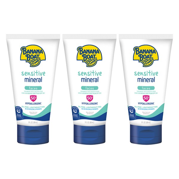 Banana Boat 100% Mineral, Reef Friendly, Broad Spectrum Sensitive Skin Sunscreen Lotion for Faces, SPF 50+, 3 Fl Oz (Pack of 3)