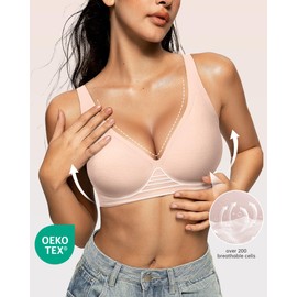 OEAK Womens Deep V Bras Wireless Comfortable Bra Supportive No Underwire Bras Tshirt Push Up Bralettes Plunge Seamless Bra XL Jacquard Nude