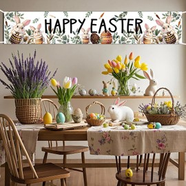 Easter Bunny Banner Easter Signs Decorations Supplies with Decorated Eggs Ideal for Indoor Outdoor Decorations Fence Yard Sign Photo Backdrop 6 Feet