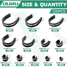 OURU 125PCS Cable Clamp,12 Sizes Stainless Steel Rubber Coated Cushioned Insulated Cable Clamps Assortment Kit-Metal Wire Clamps,Cable Clips,Pipe Clamps