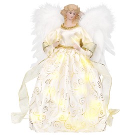 HOHOTIME 12'' Angel Tree Topper with White Feather Wings and Gold Skirt, Christmas Tree Topper with LED Light for Tree Toppers Holiday Ornament Decorations, Gold