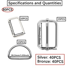 HUAZIZ Pack of 80 Metal Square Buckle, Rectangular Buckle Straps, D Rings 25 mm Metal Sliding Buckles for Handbag, Lanyard, Bags, Straps, Dog Collars and Sewing Projects, gold