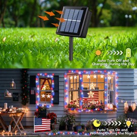 YEGUO Solar String Lights Outdoor Waterproof, 2 Packs Each 66ft 200LED Red White Blue Light, 8 Modes 4th of July Lights for Independence Memorial Day Decor